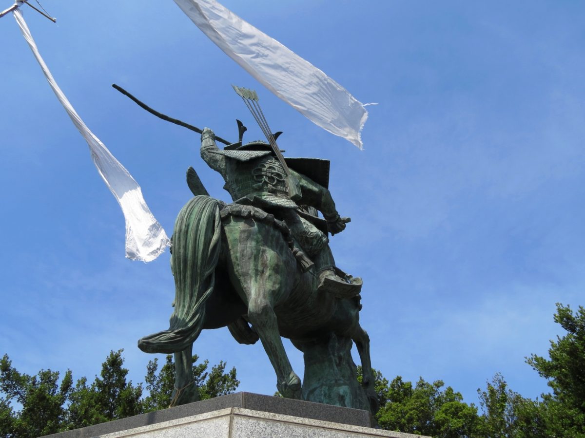 Equestrian statue of Minamoto Yoshitsune in Komatsushima Japan