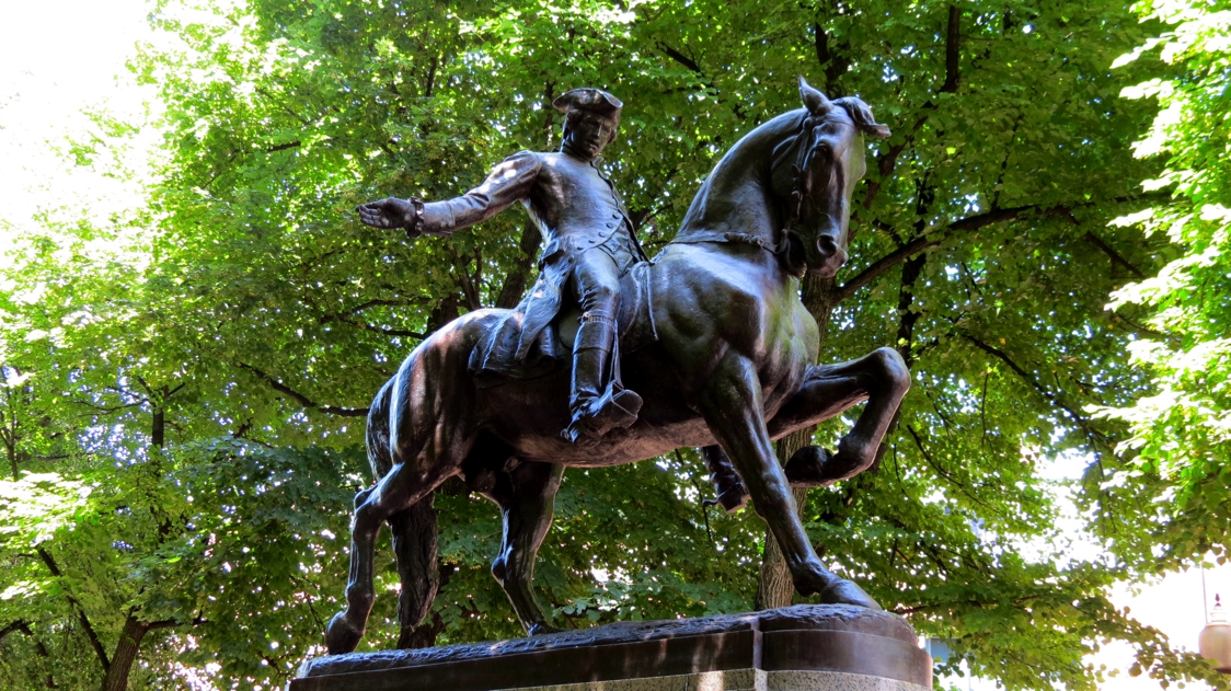 Equestrian statue of Paul Revere in MA Boston US