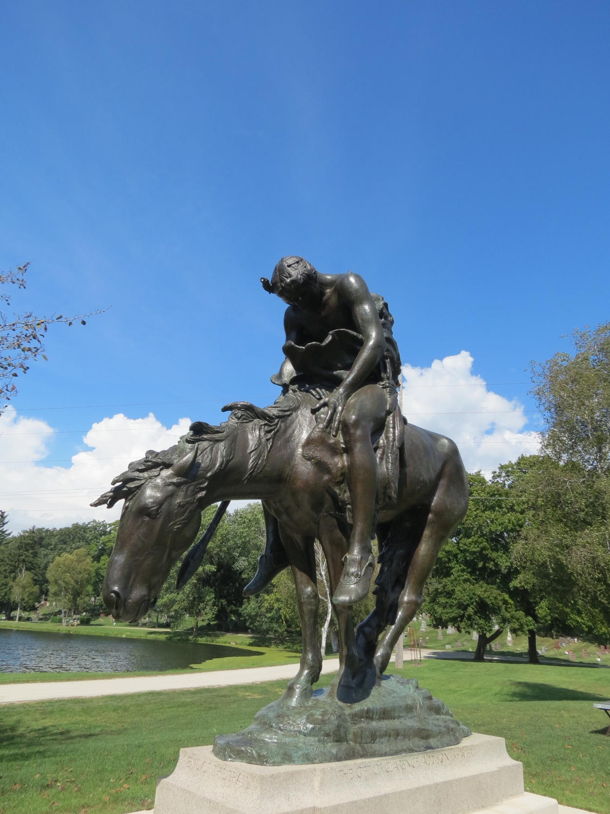 Equestrian statue of End of the trail in WI Waupun, US