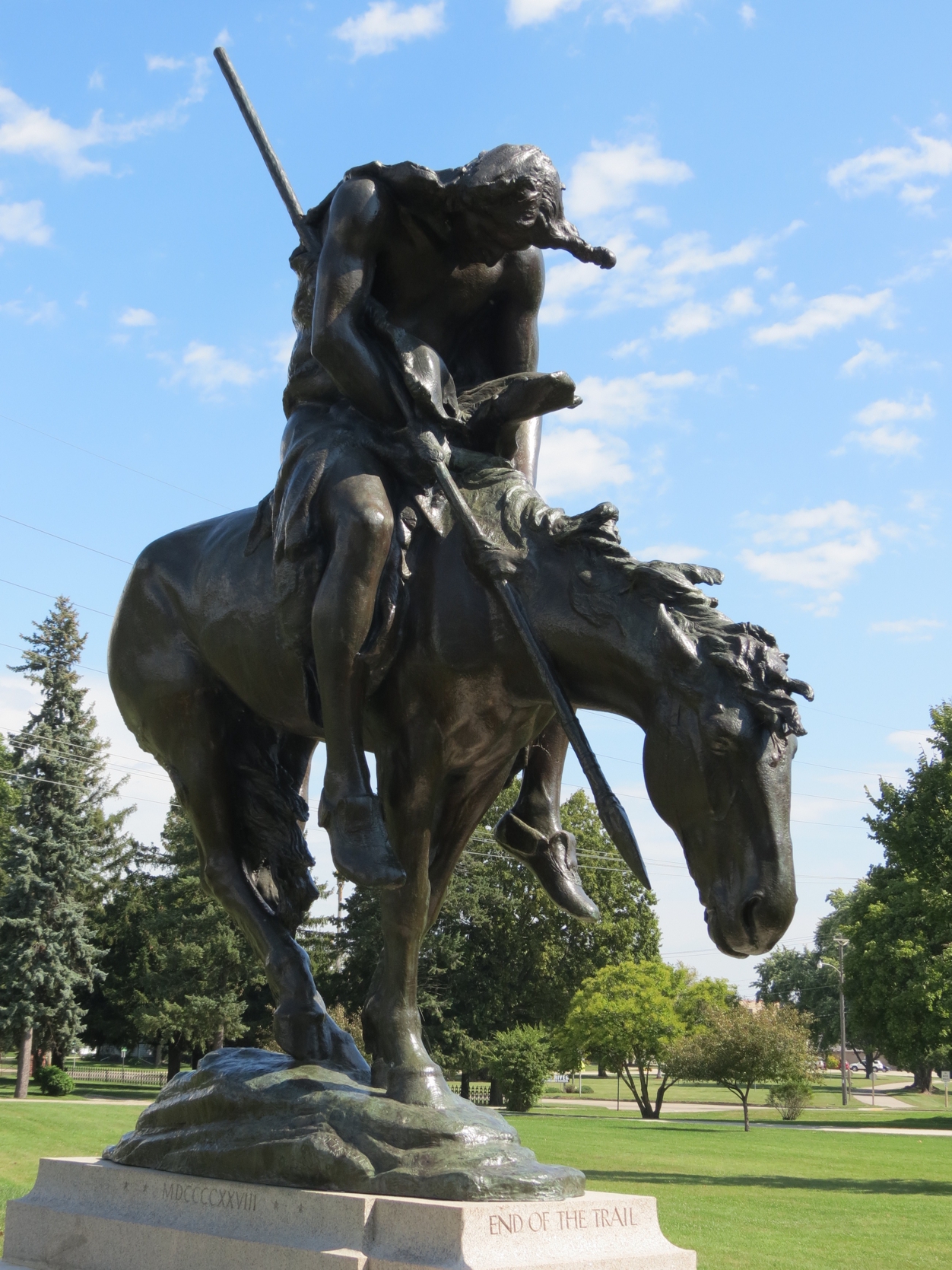 Equestrian statue of End of the trail in WI Waupun, US