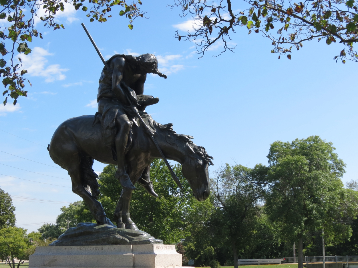 Equestrian statue of End of the trail in WI Waupun, US