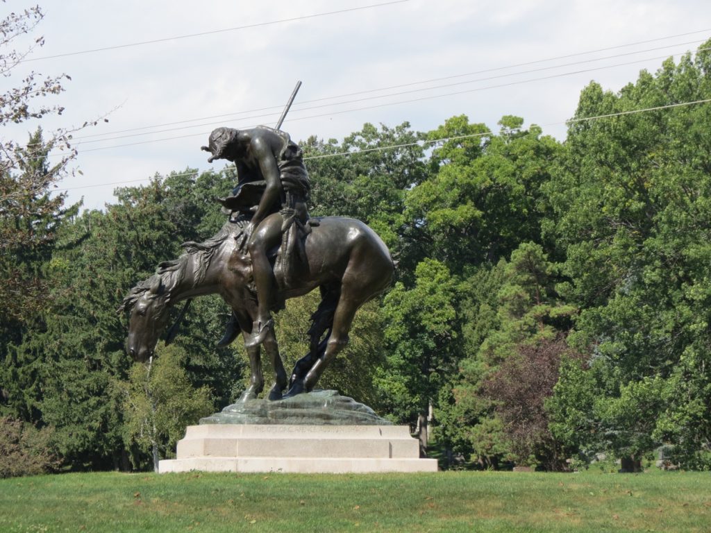 Equestrian statue of End of the trail in WI Waupun, US