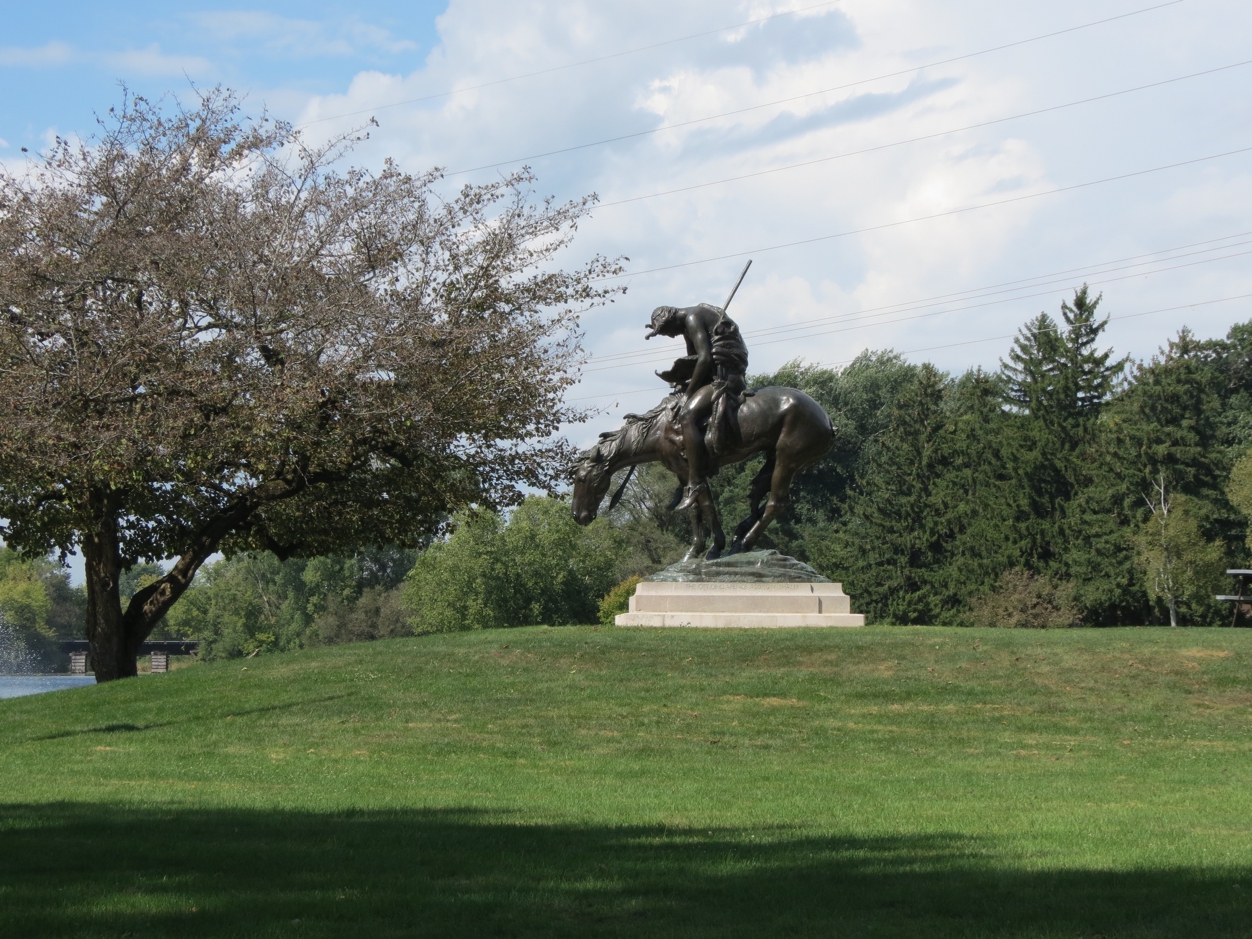 Equestrian statue of End of the trail in WI Waupun, US