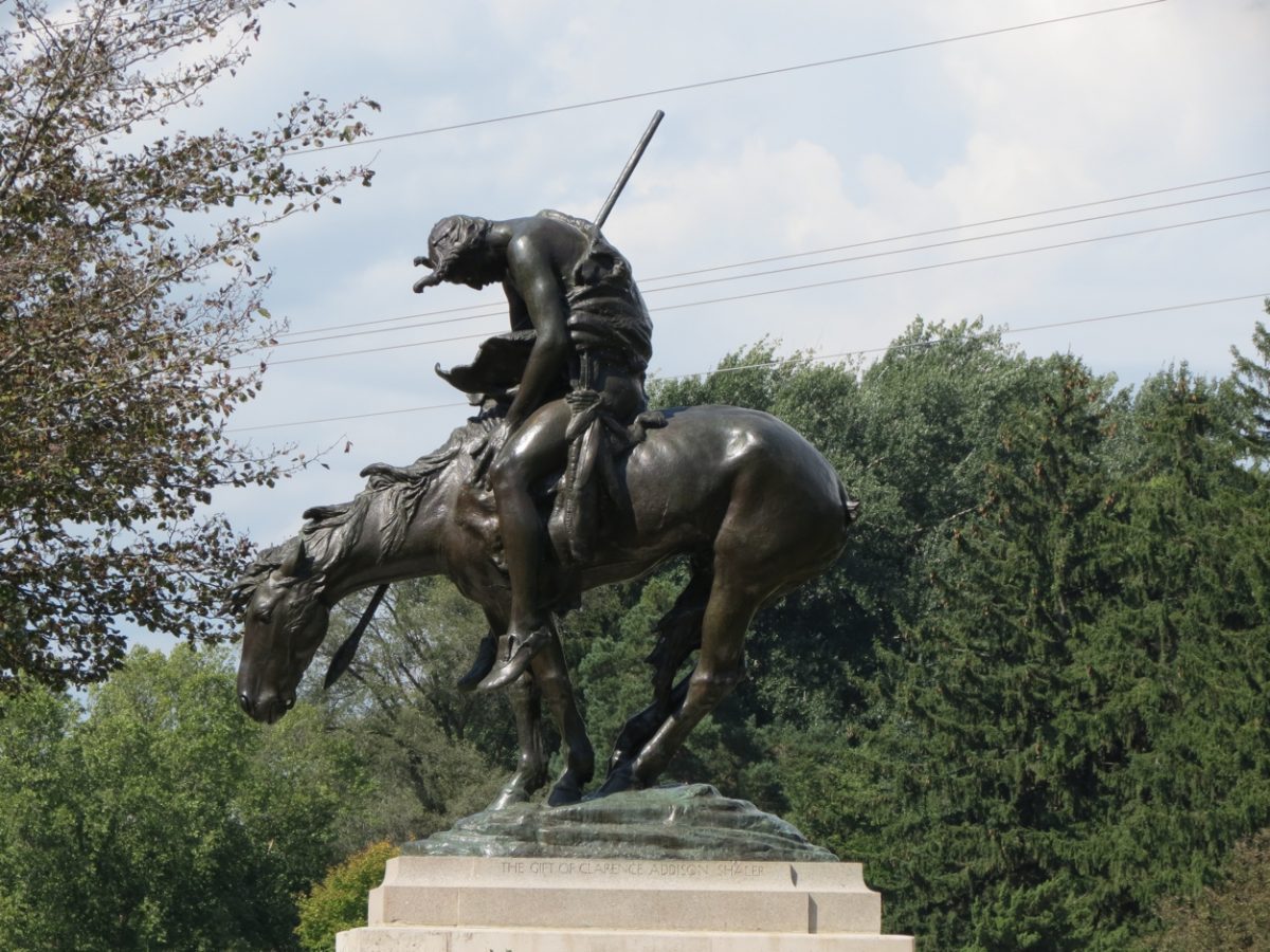 Equestrian statue of End of the trail in WI Waupun, US