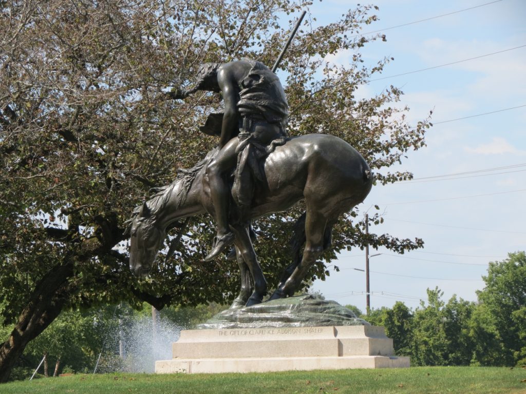 Equestrian statue of End of the trail in WI Waupun, US