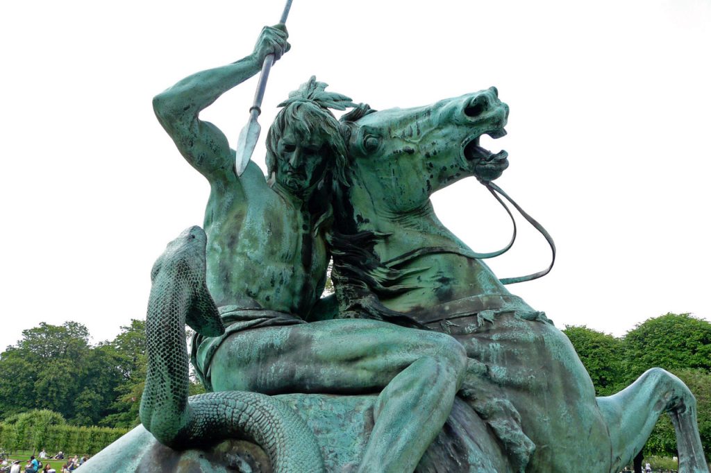 Equestrian statue of Battle with a serpent in Copenhagen Denmark