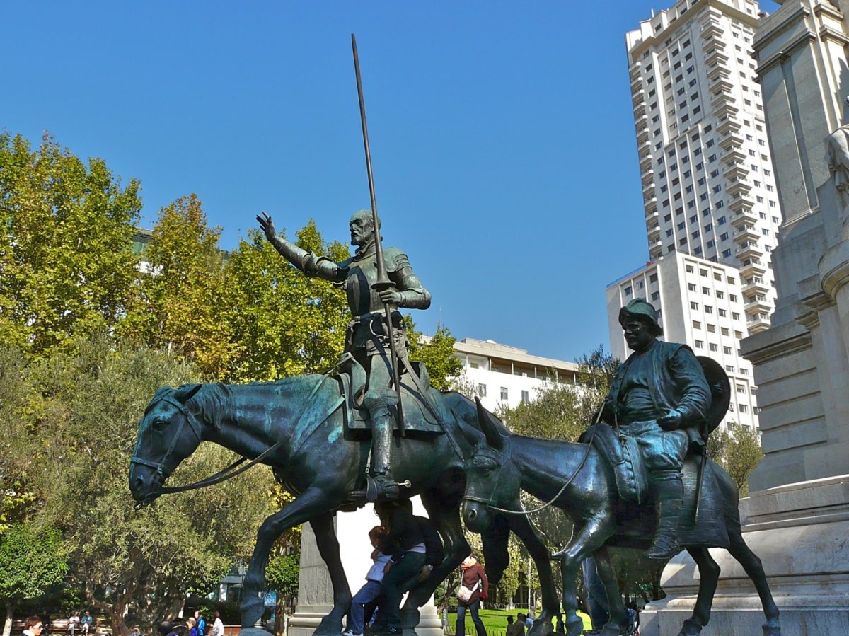 Equestrian statue of Don Quixote and Sancho Panza in Madrid Spain